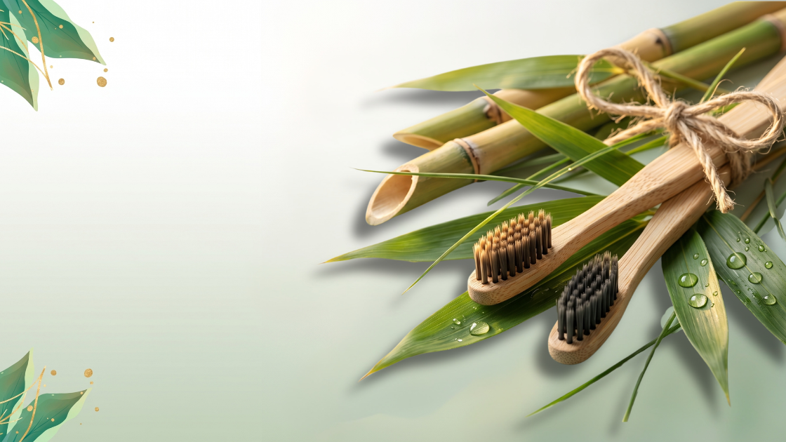 Two bamboo toothbrushes tied with jute twine on bamboo stalks and leaves, promoting sustainable products at the lowest price