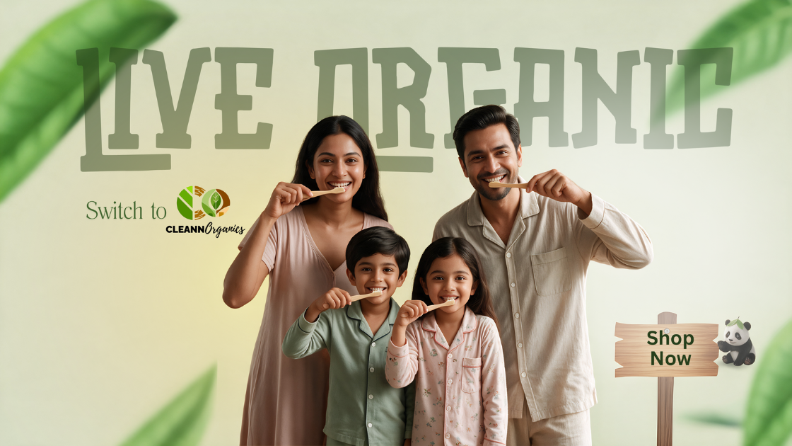 Smiling family of four brushing their teeth with bamboo toothbrushes, inviting you to switch to Cleann Organics